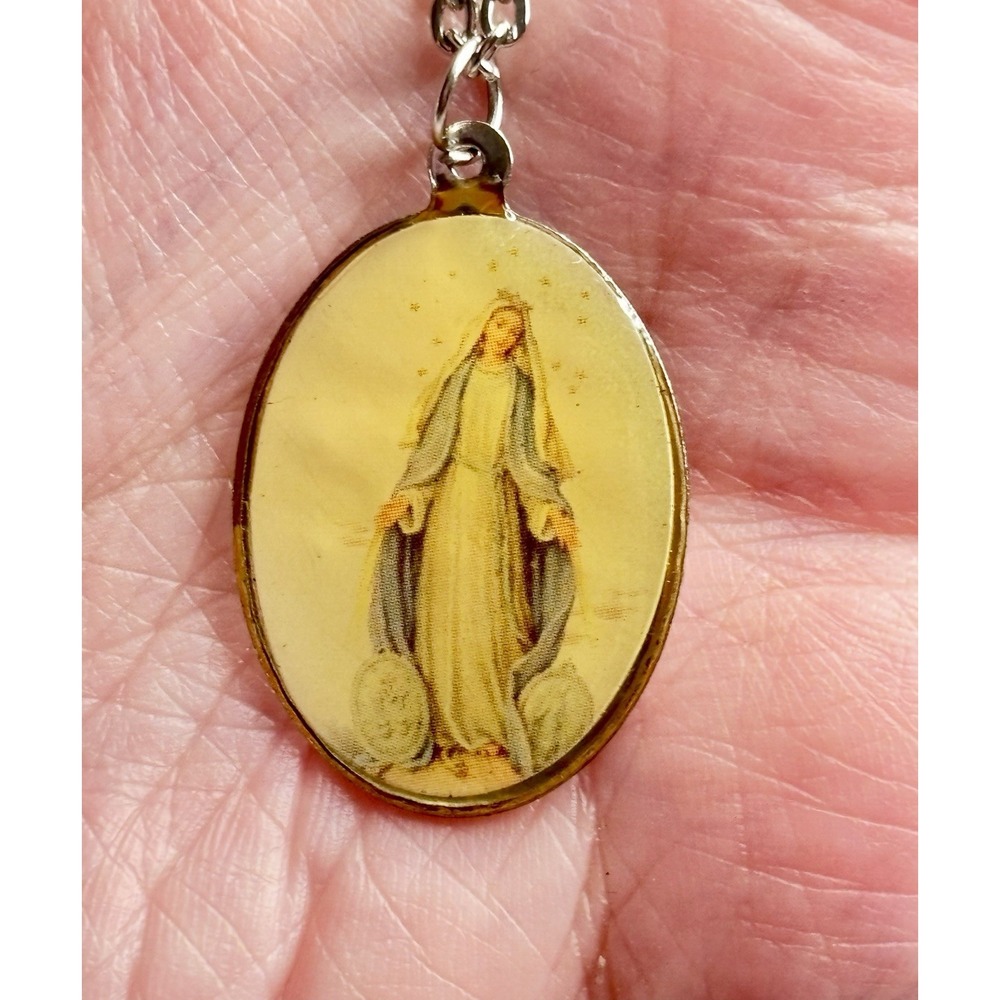 Vintage Miraculous Virgin Mary Medal Color Pendant Necklace Chain Christianity